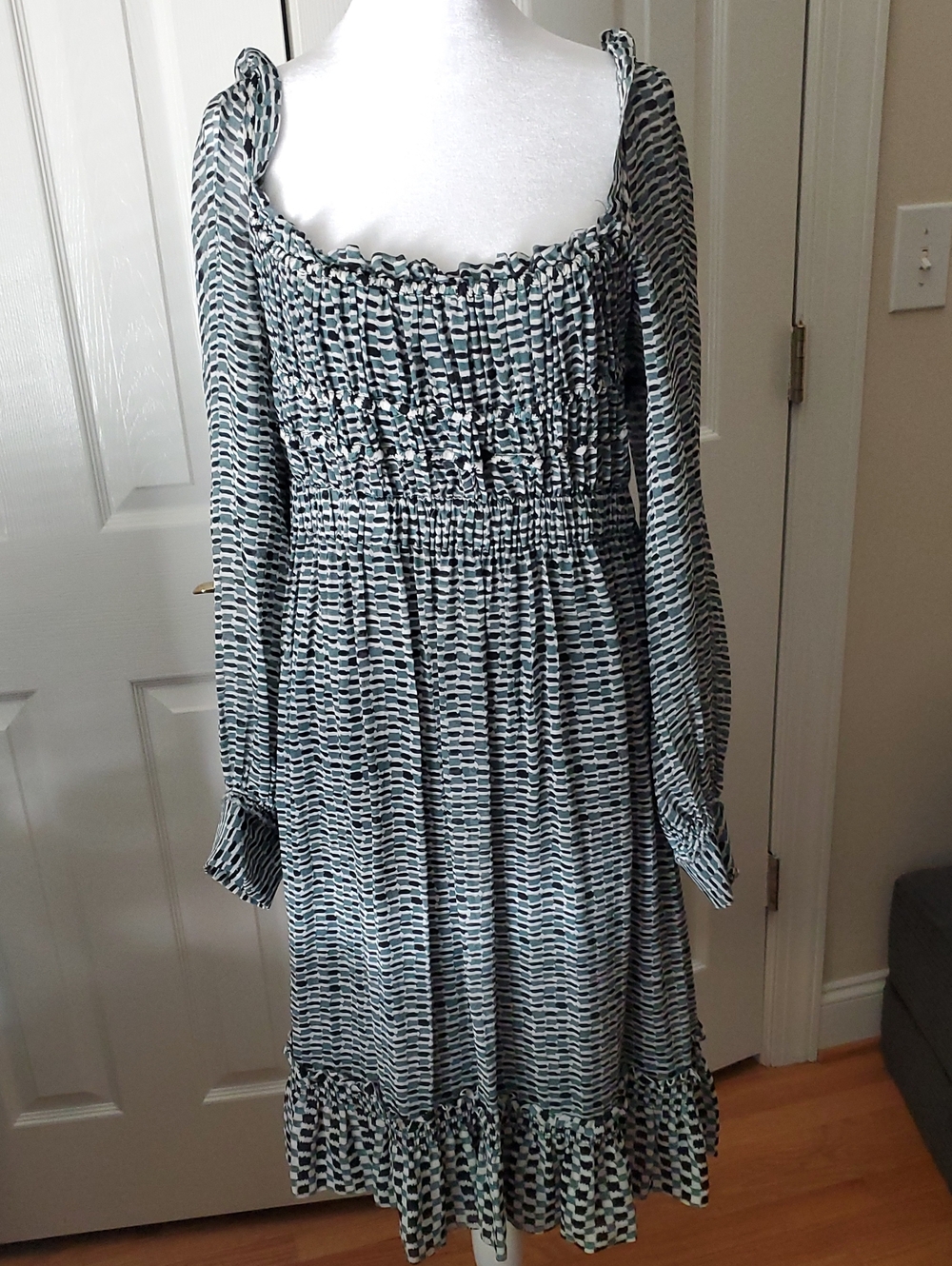 Proenza Schouler Black and White Smocked Long-Sleeve Midi Dress